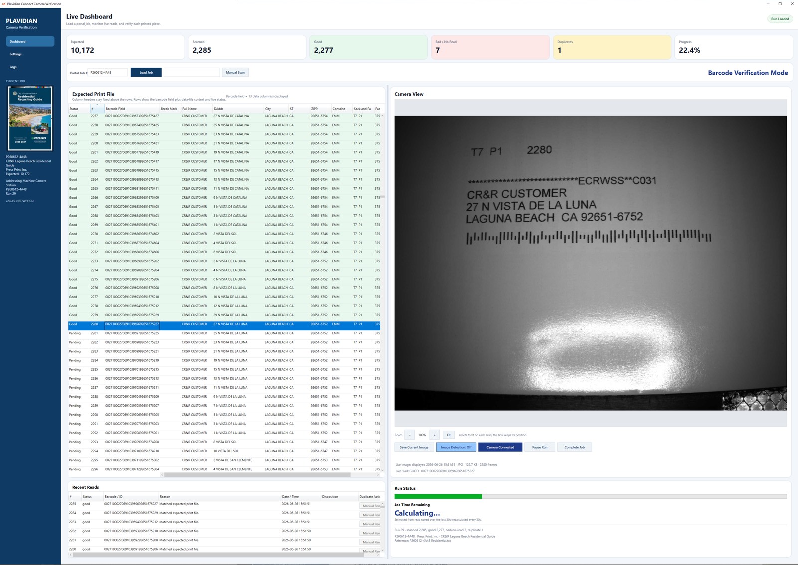 Plavidian Connect Camera Verification live dashboard showing expected print file, real-time good, bad or no-read, and duplicate counts, and the live camera view of a scanned mailpiece